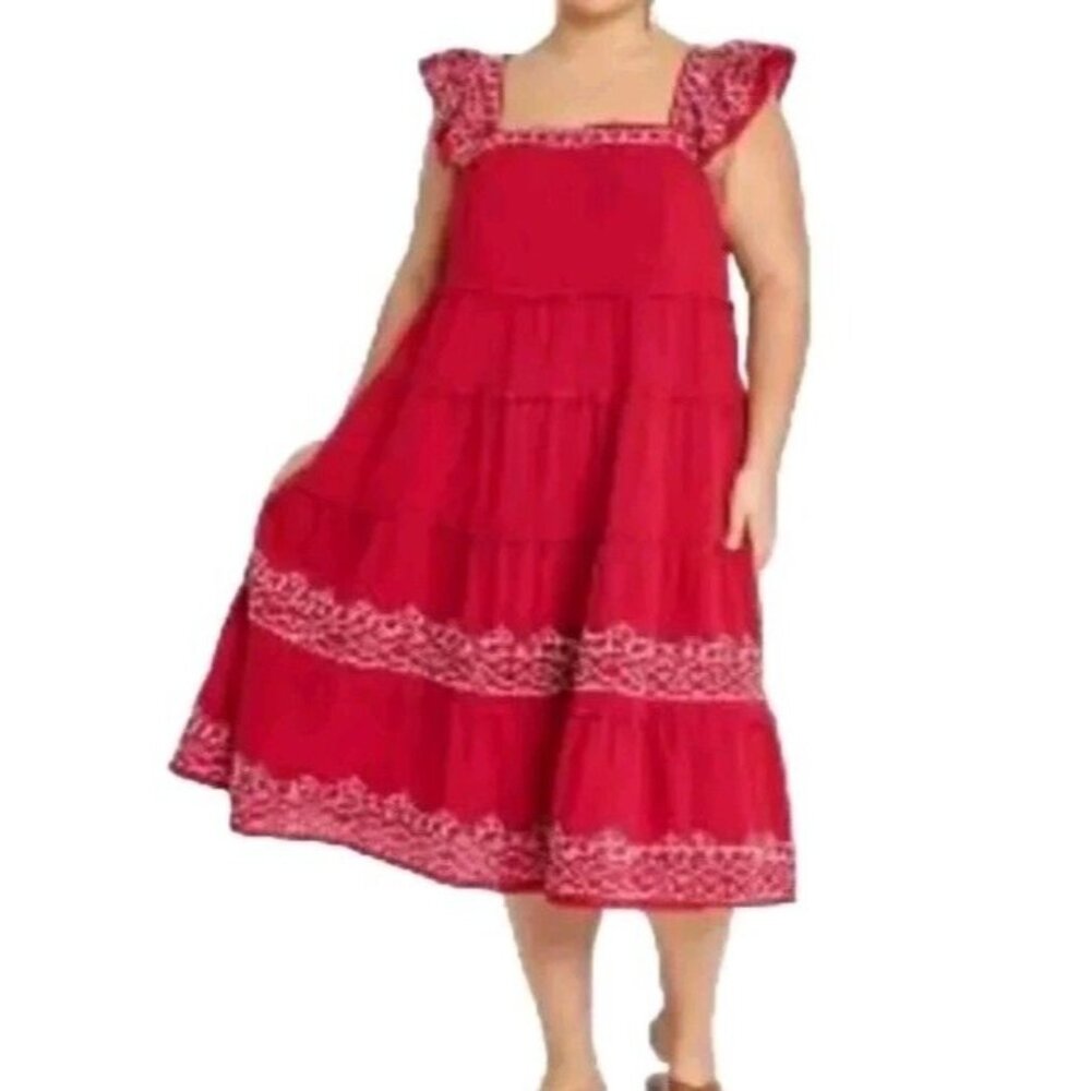 XL Boho Tiered Ruffle Embroidered Midi Dress Flowy, Red, Comfy Rayon Knox Rose